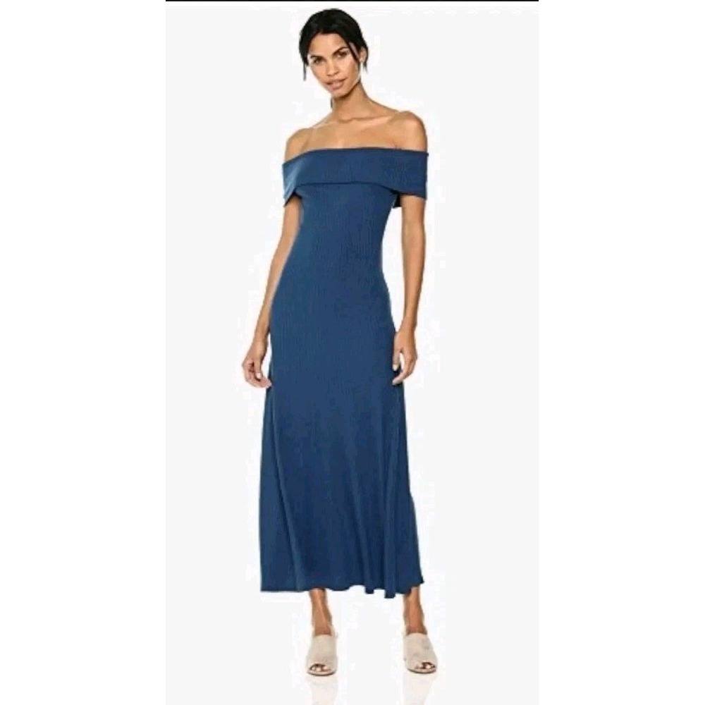 Mara Hoffman Off Shoulder Ribbed Maxi Dress XS Blue Fitted Stretch EUC